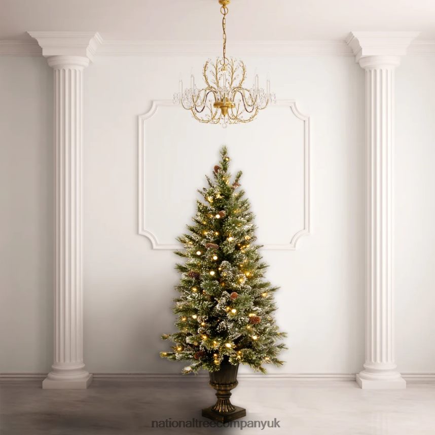 Trees | National Tree Company Pre-Lit Artificial Entrance Christmas Tree Green Glittery Bristle Pine White Lights Flocked with Pine Cones Frosted Branches Includes Stand 5 Feet F2L4F163